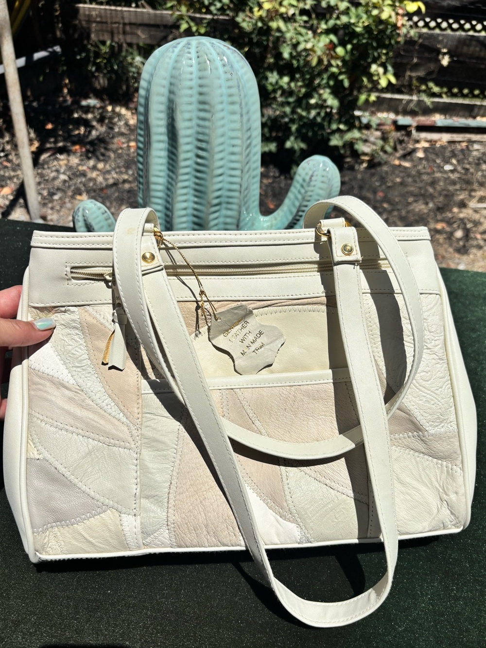 Vintage Cream Patchwork Leather Tote Bag
